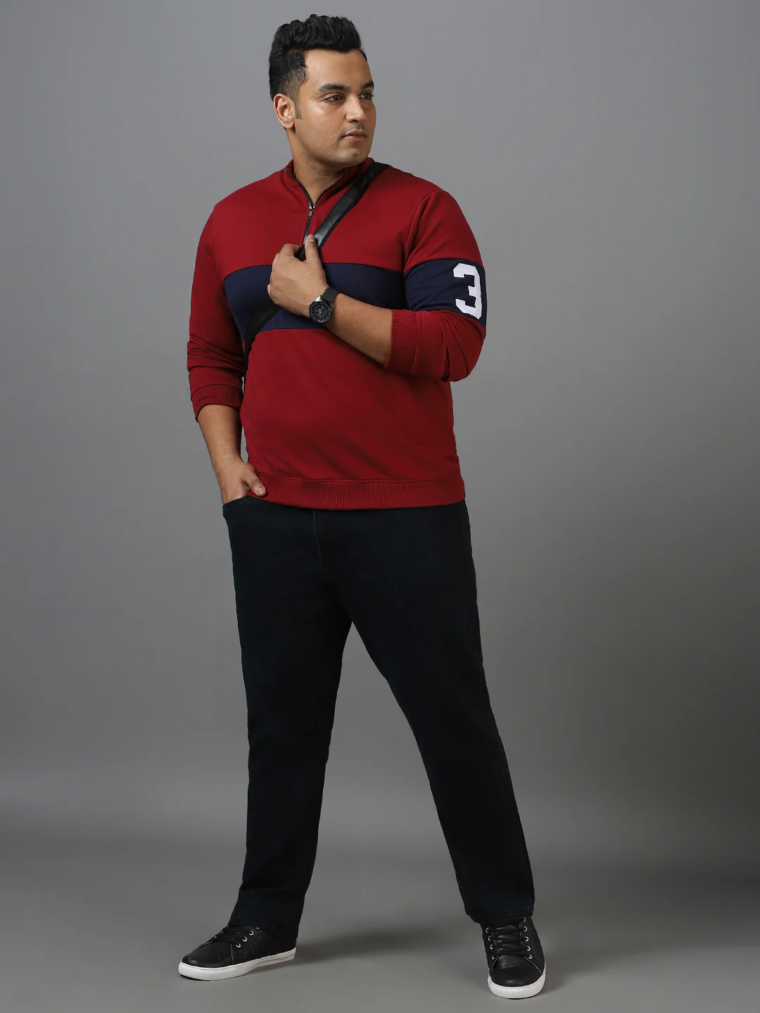 Plus Men's Maroon Cotton Color Block Round Neck Sweatshirt - Image 4