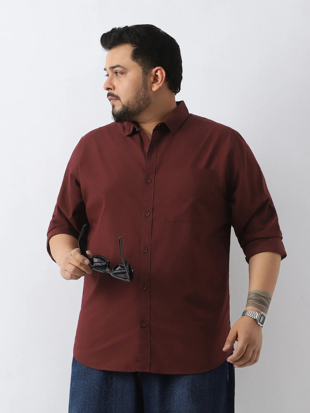 Plus Men's Maroon Cotton Full Sleeve Regular Fit Casual Solid Shirt - Image 2
