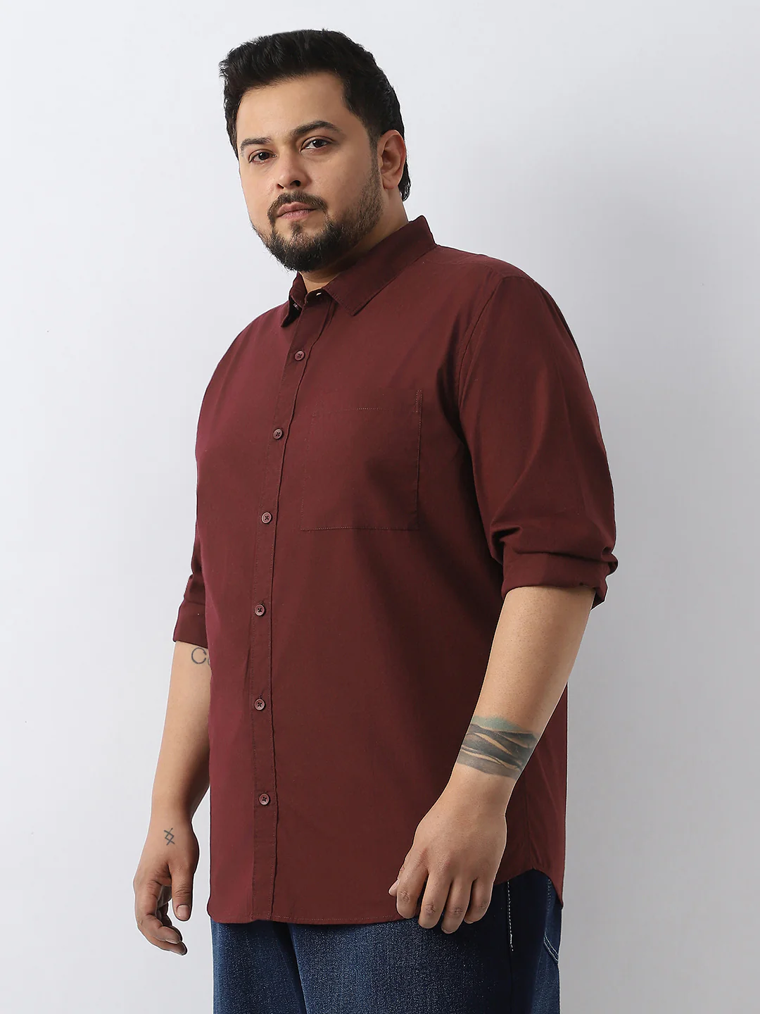 Plus Men's Maroon Cotton Full Sleeve Regular Fit Casual Solid Shirt - Image 3