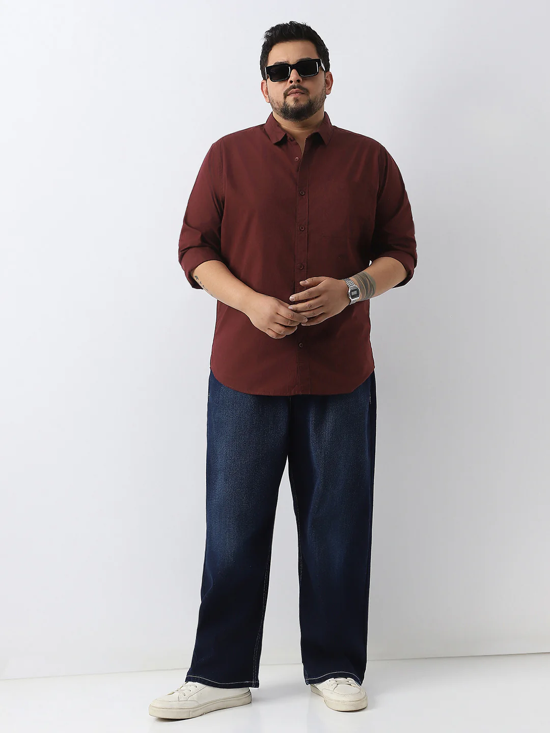Plus Men's Maroon Cotton Full Sleeve Regular Fit Casual Solid Shirt - Image 5