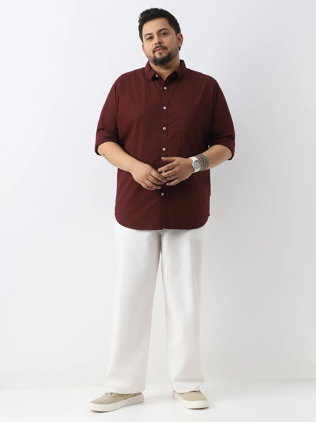 Plus Men's Maroon Cotton Full Sleeve Regular Fit Casual Solid Shirt - Image 5