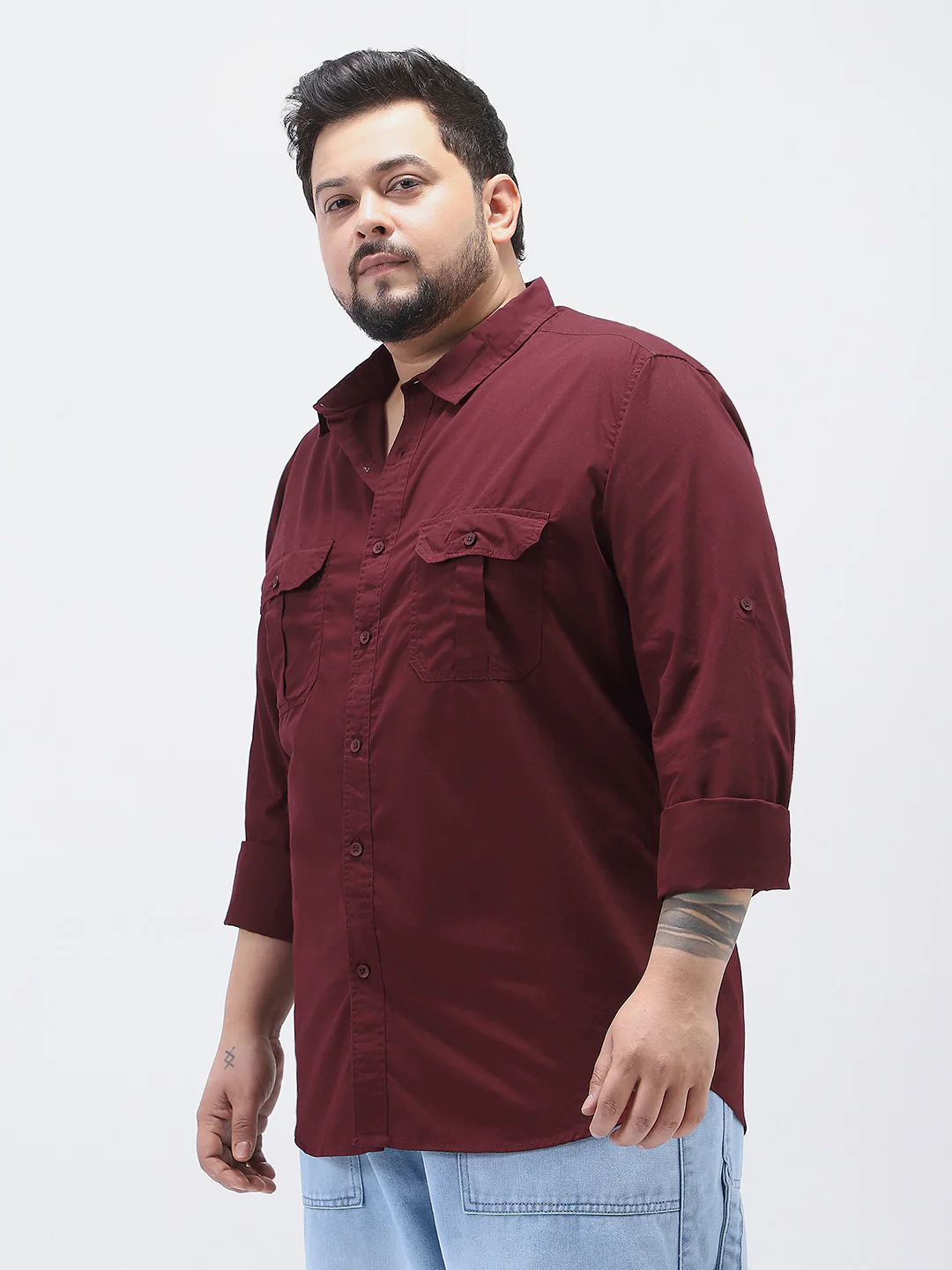 Plus Men's Maroon Cotton Full Sleeve Regular Fit Casual Solid Shirt - Image 2