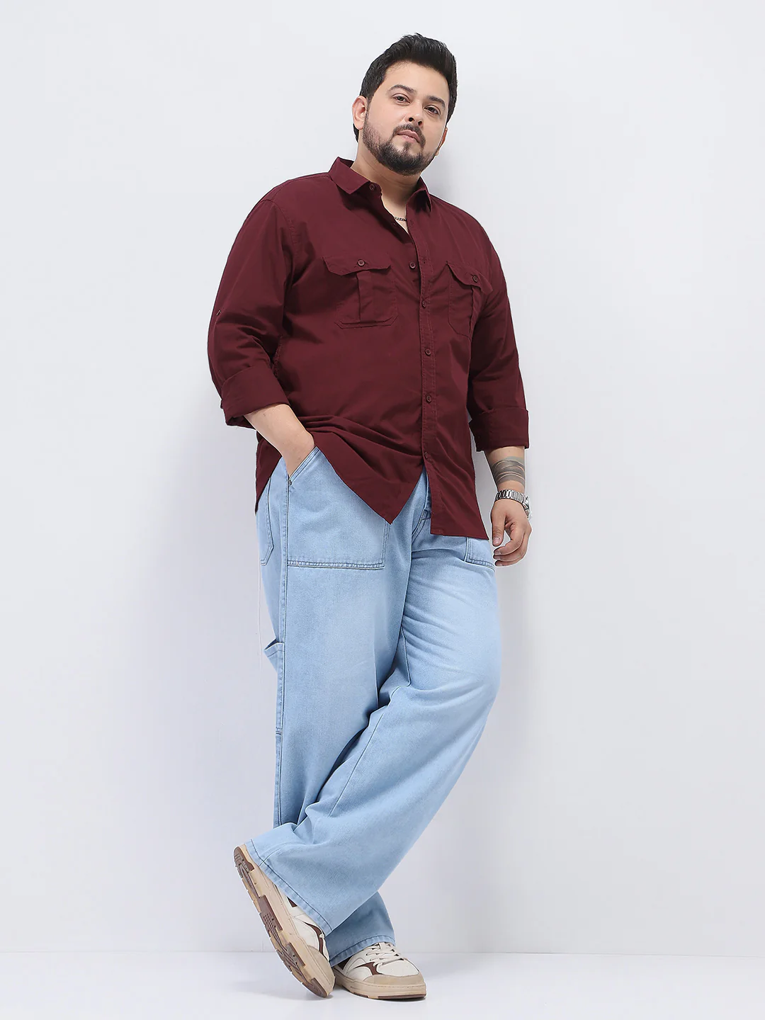 Plus Men's Maroon Cotton Full Sleeve Regular Fit Casual Solid Shirt - Image 4