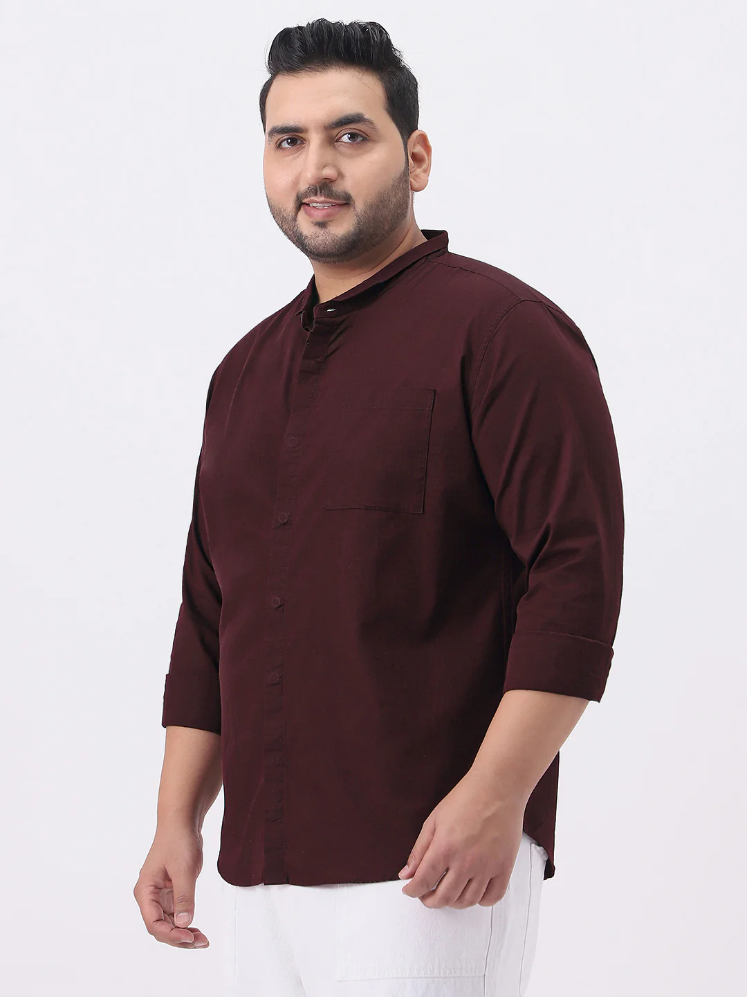 Plus Men's Maroon Cotton Full Sleeve Regular Fit Casual Solid Shirt with Band Collar - Image 2
