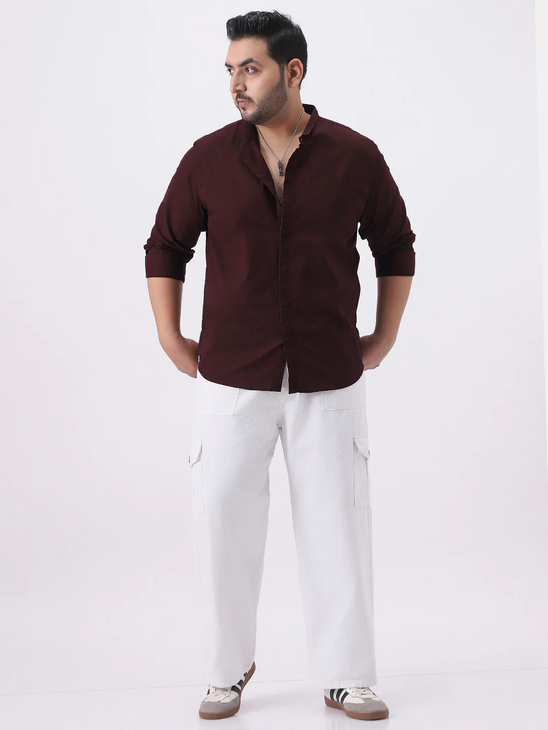 Plus Men's Maroon Cotton Full Sleeve Regular Fit Casual Solid Shirt with Band Collar - Image 4