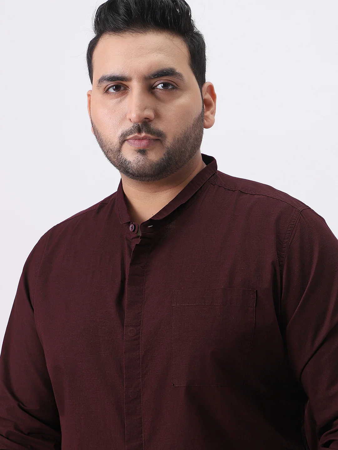 Plus Men's Maroon Cotton Full Sleeve Regular Fit Casual Solid Shirt with Band Collar - Image 5