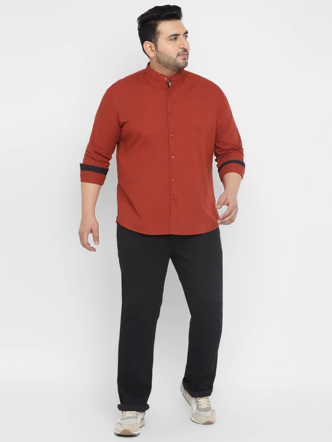 Plus Men's Maroon Cotton Full Sleeve Regular Fit Casual Solid Shirt with Mandarin Collar - Image 4