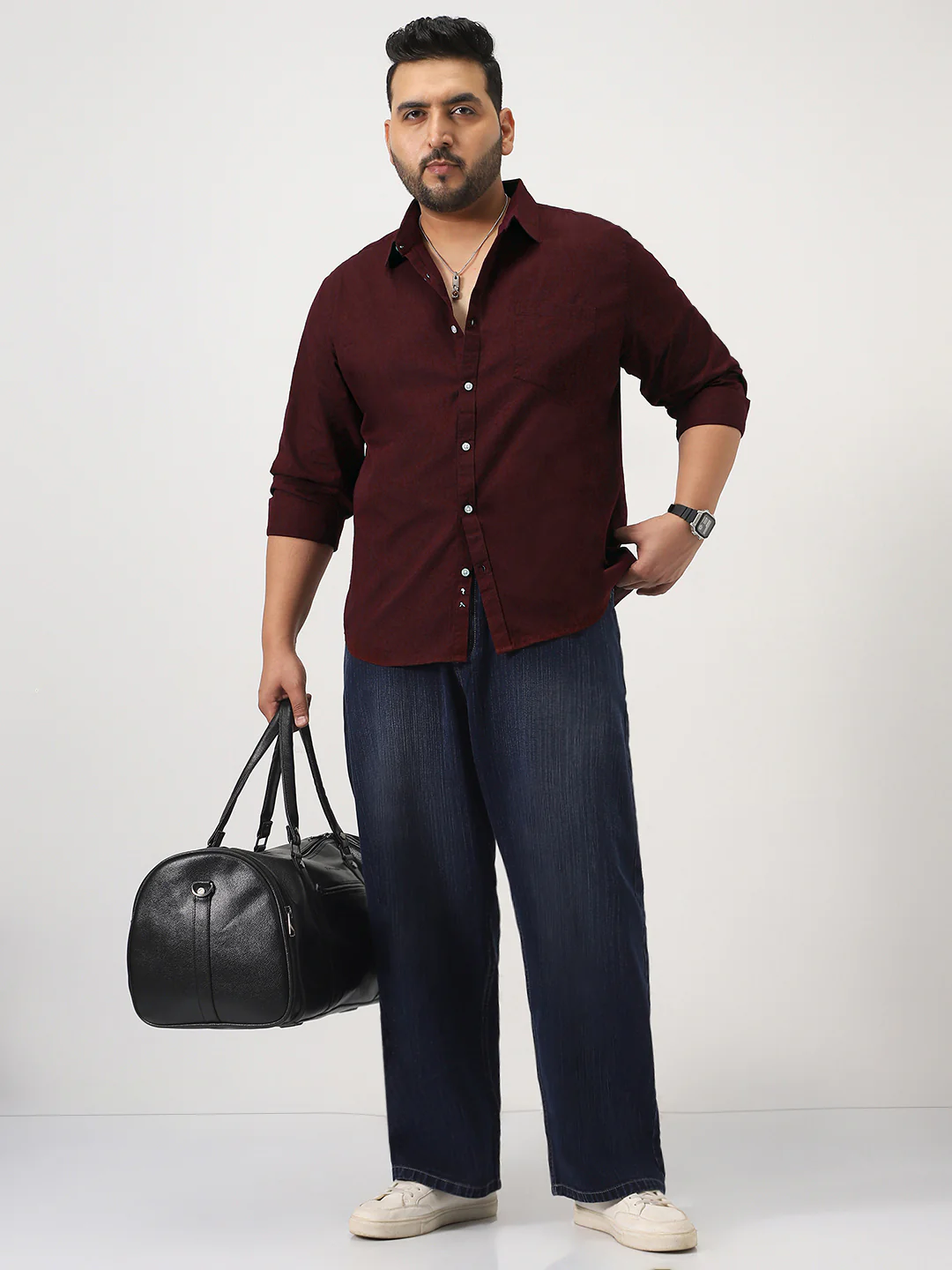 Plus Men's Maroon Cotton Full Sleeve Regular Fit Casual Solid Slub Shirt with Spread Collar - Image 4