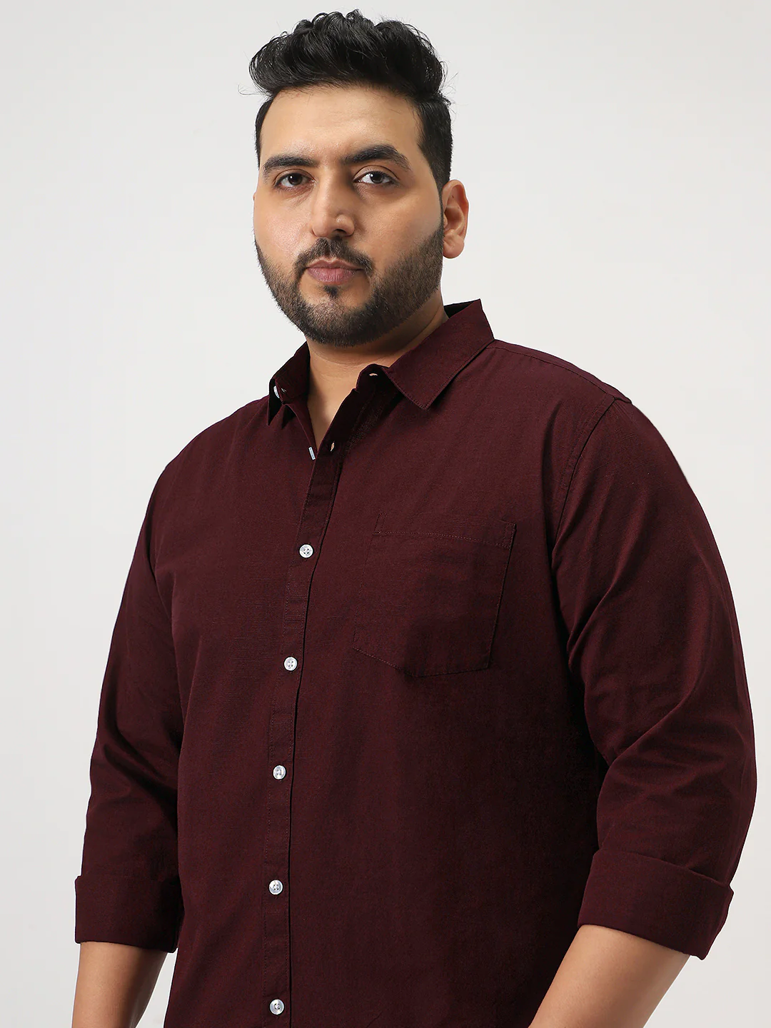 Plus Men's Maroon Cotton Full Sleeve Regular Fit Casual Solid Slub Shirt with Spread Collar - Image 5