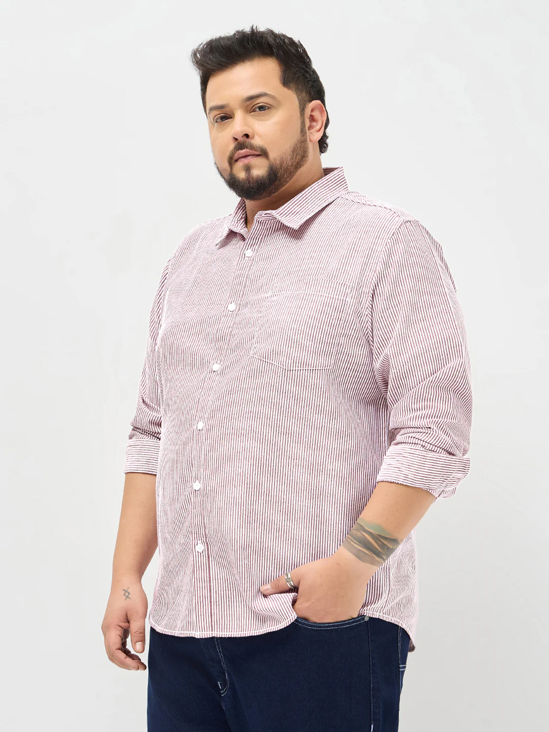 Plus Men's Maroon Cotton Full Sleeve Regular Fit Casual Striped Shirt - Image 3