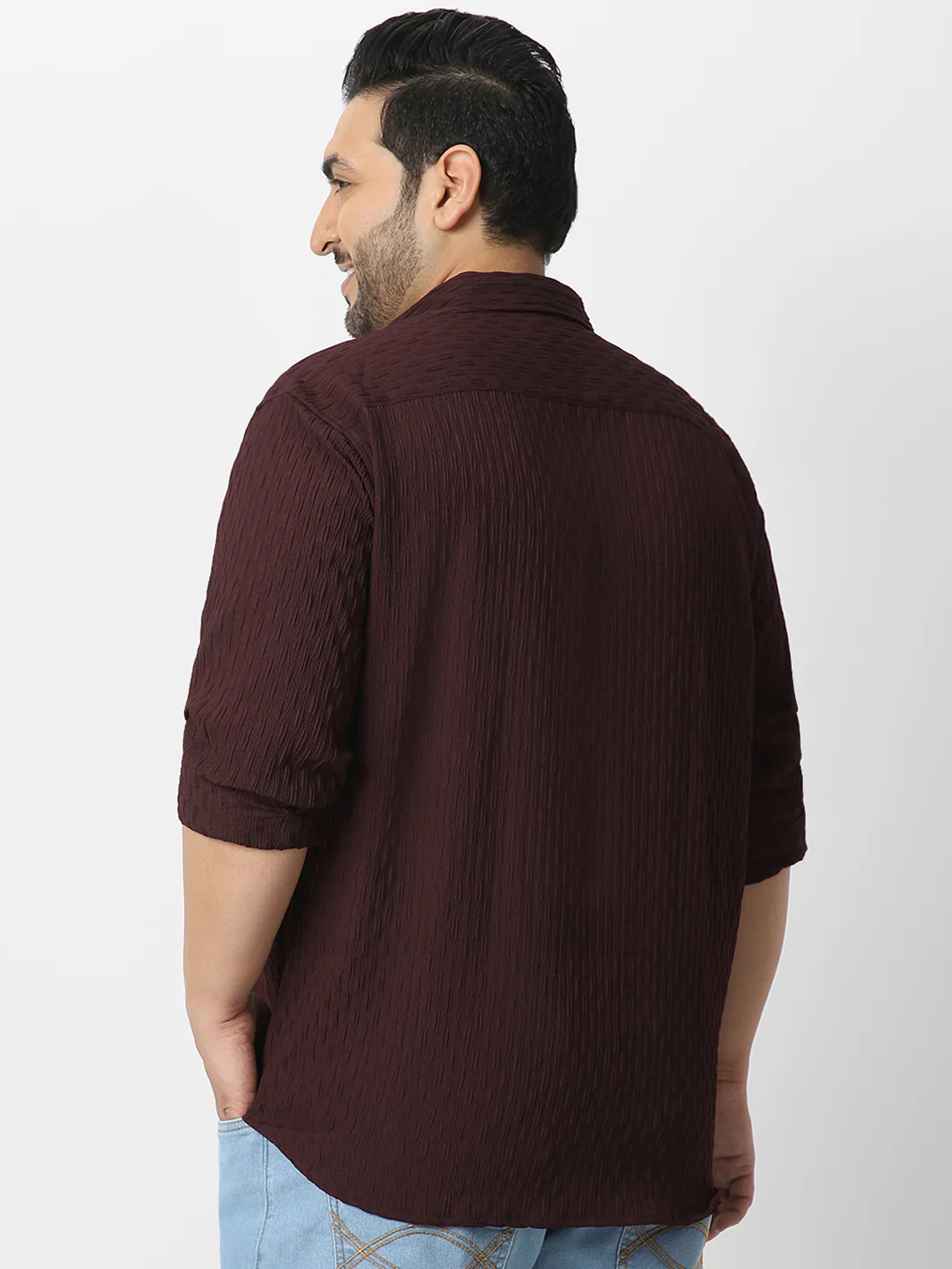 Plus Men's Maroon Cotton Full Sleeve Regular Fit Textured Shirt with Spread Collar - Image 3