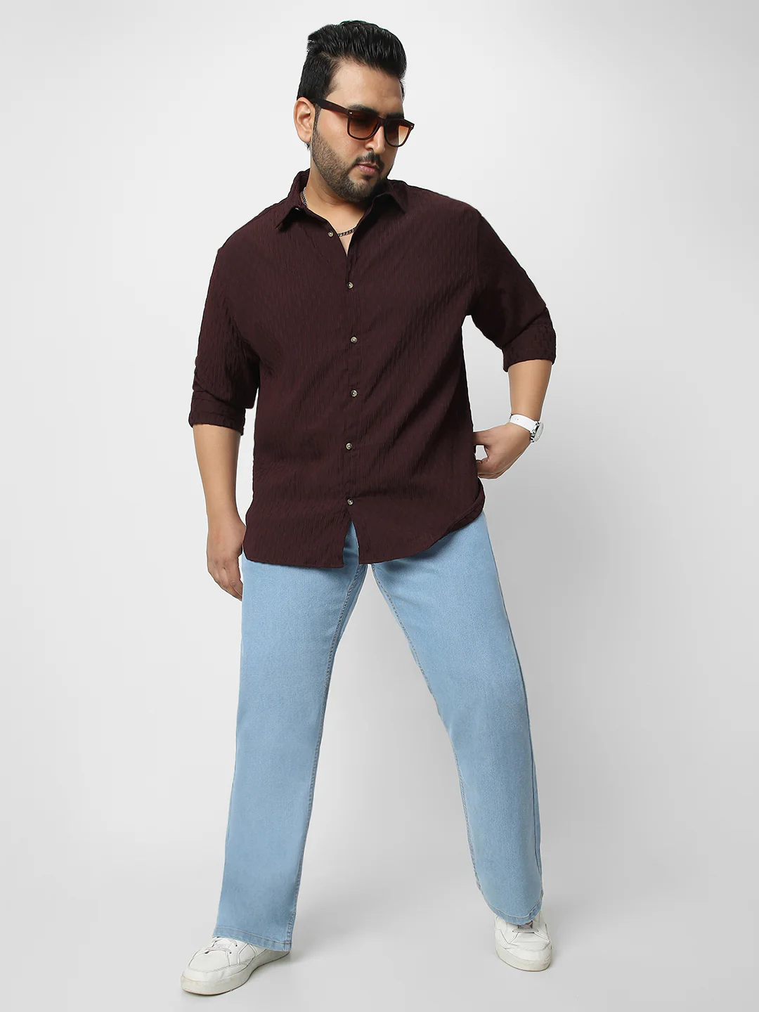 Plus Men's Maroon Cotton Full Sleeve Regular Fit Textured Shirt with Spread Collar - Image 4