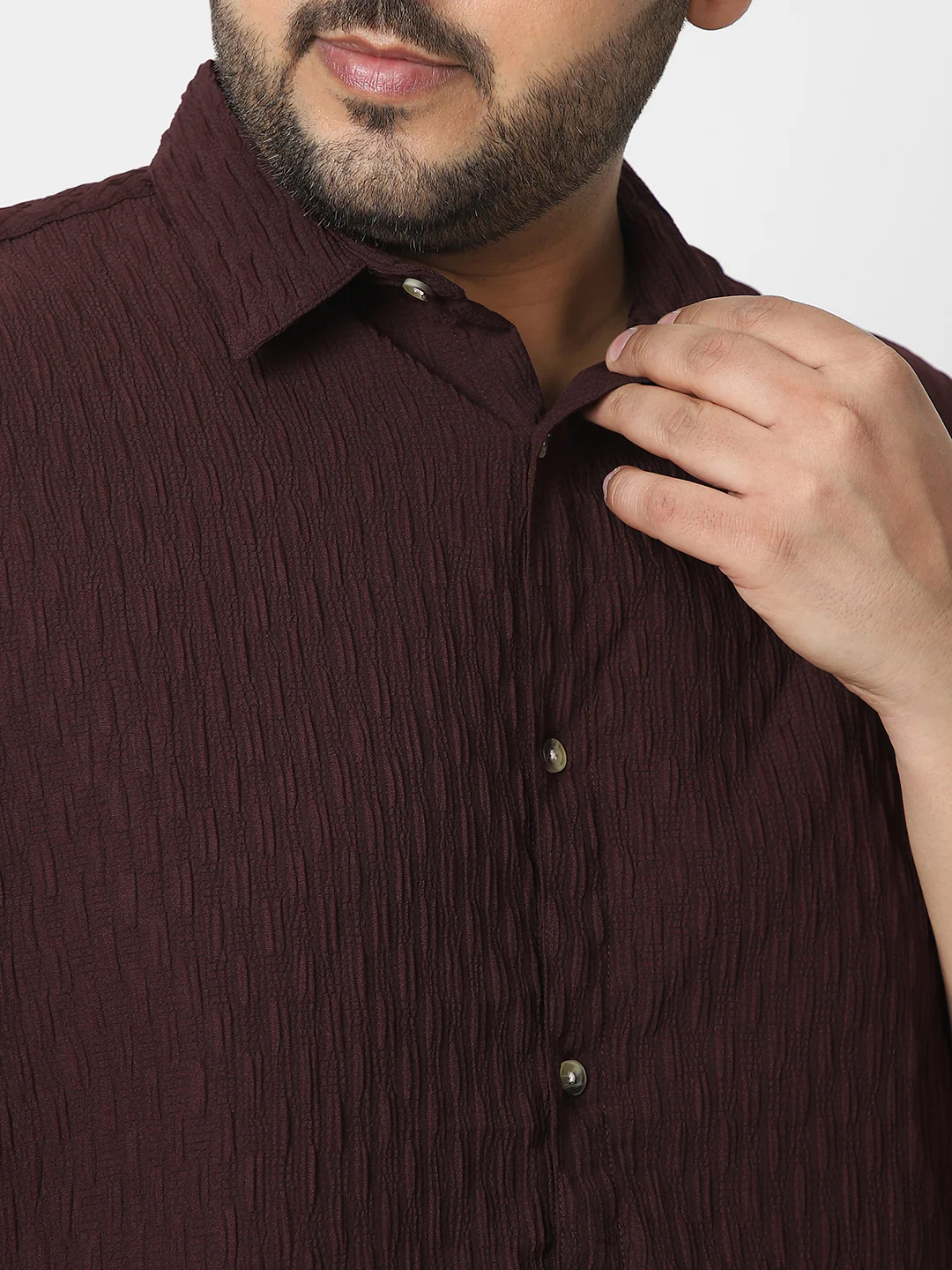 Plus Men's Maroon Cotton Full Sleeve Regular Fit Textured Shirt with Spread Collar - Image 5