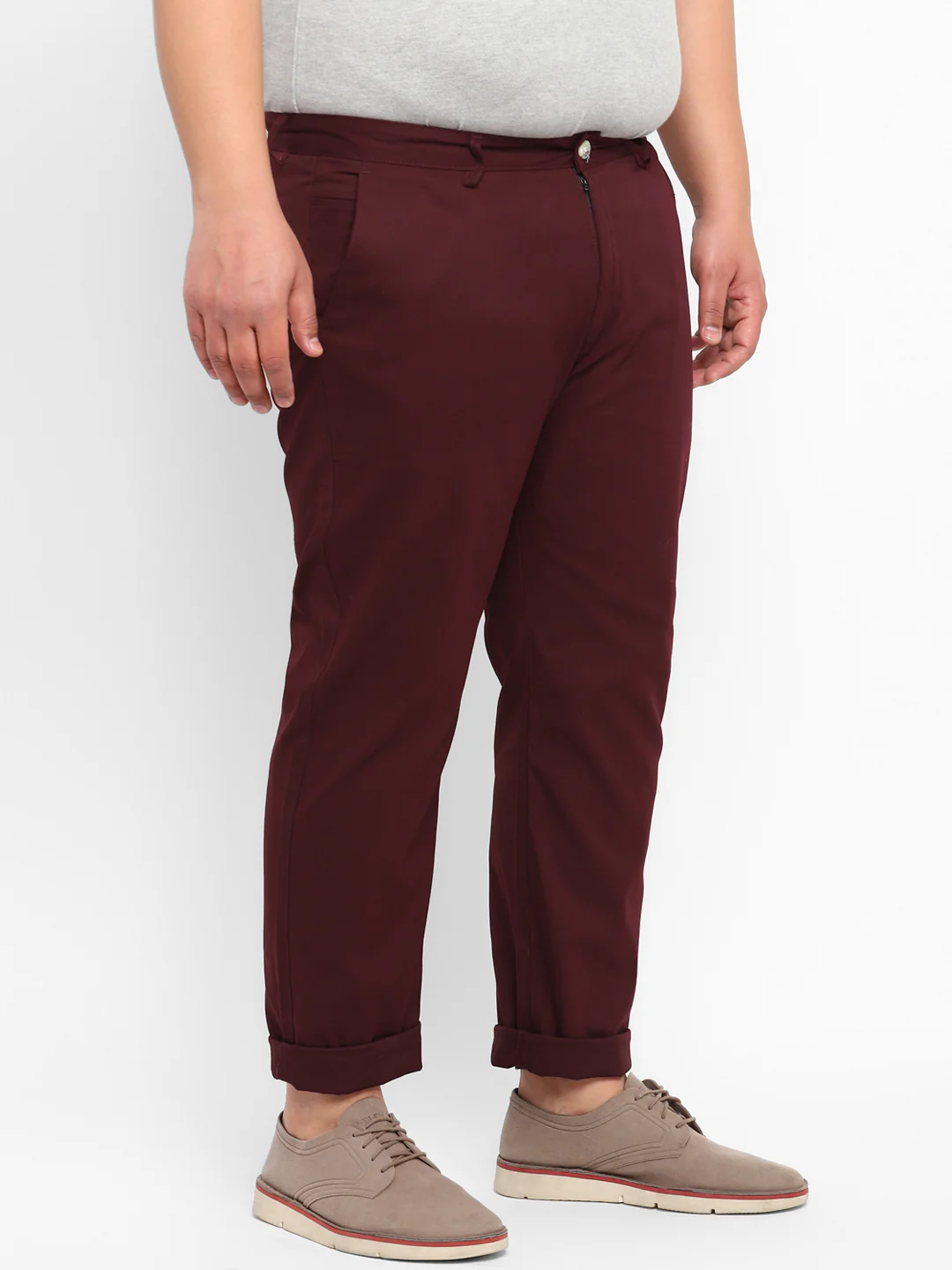 Plus Men's Maroon Cotton Regular Fit Casual Chinos Trousers - Image 2