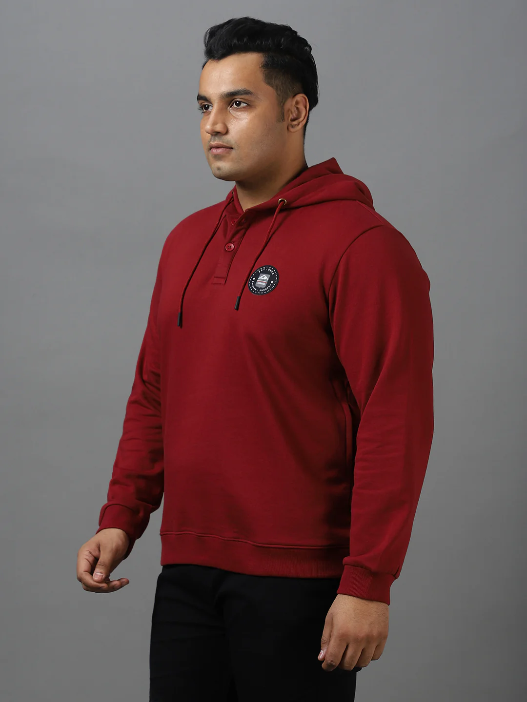 Plus Men's Maroon Cotton Solid Button Hooded Neck Sweatshirt - Image 2