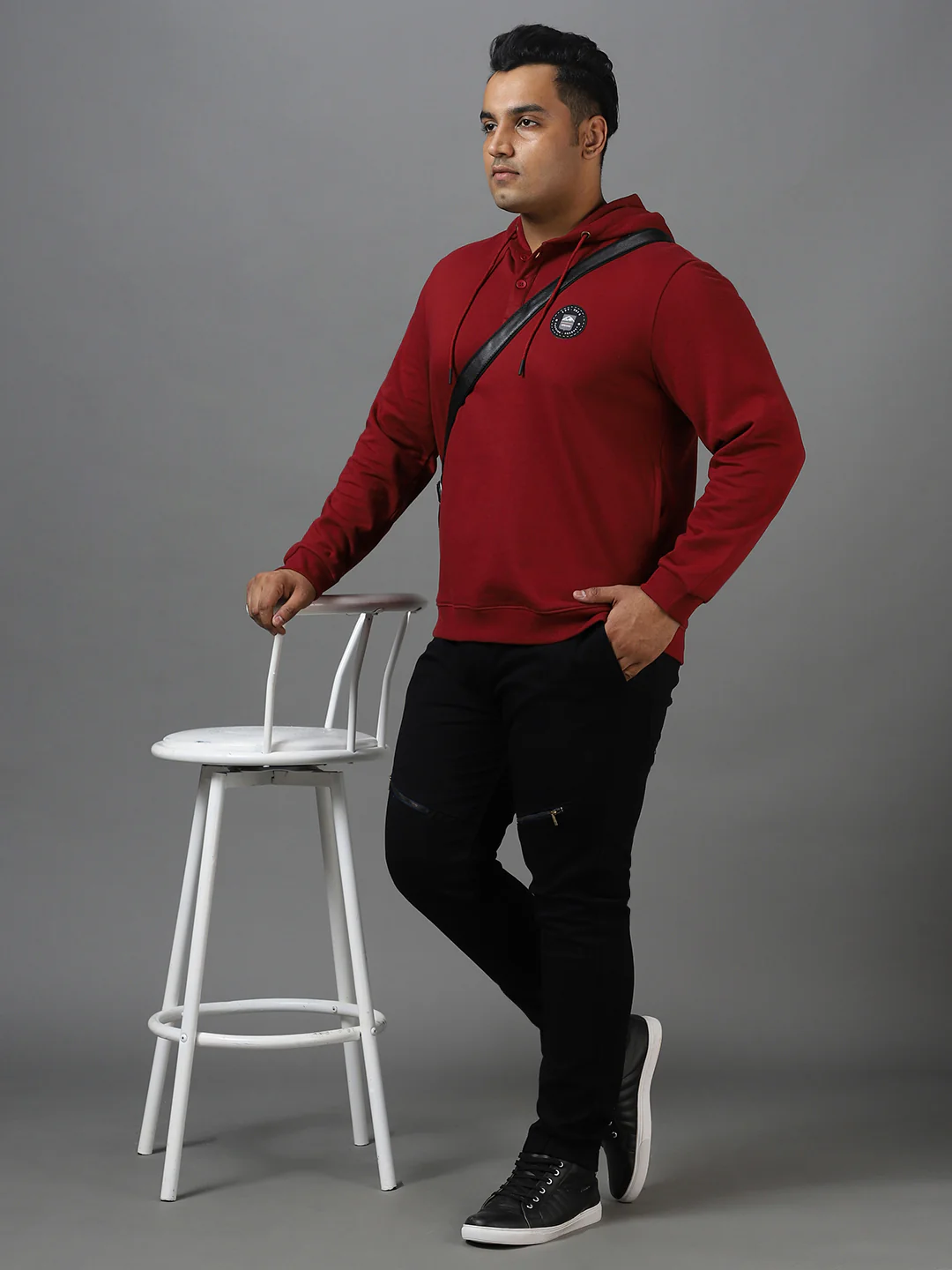 Plus Men's Maroon Cotton Solid Button Hooded Neck Sweatshirt - Image 4