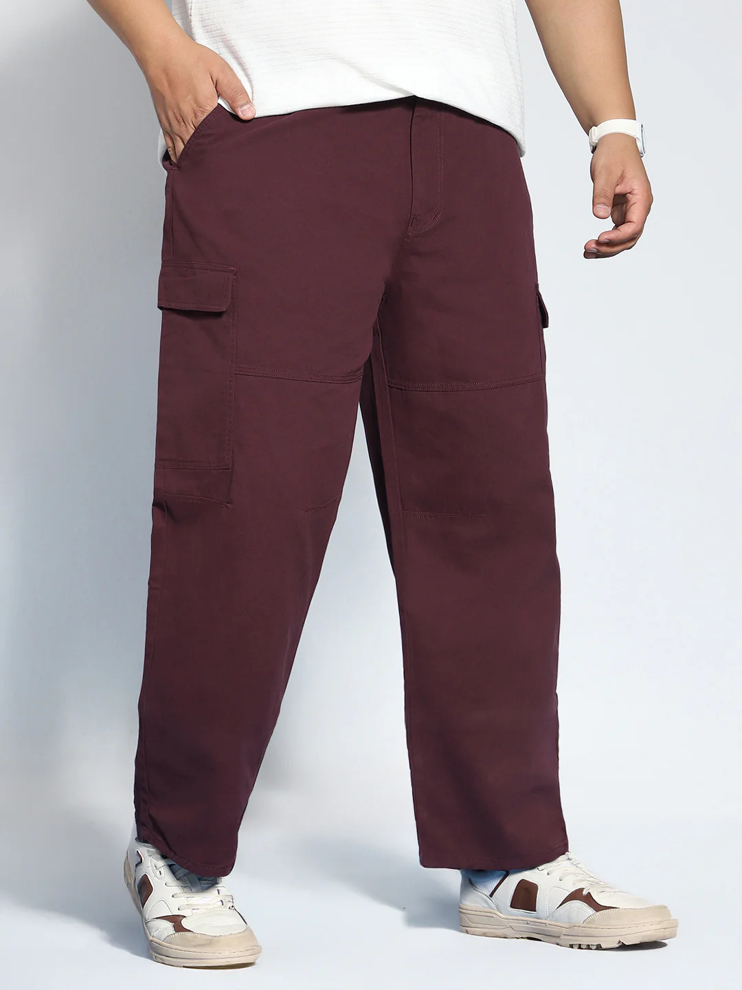 Plus Men's Maroon Loose Baggy Fit Solid Cargo Chino Pant with 6 Pockets Non-Stretchable - Image 2