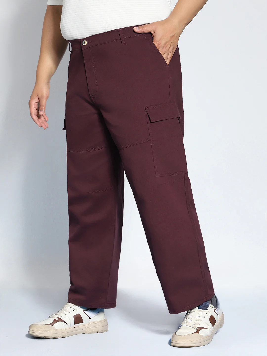 Plus Men's Maroon Loose Baggy Fit Solid Cargo Chino Pant with 6 Pockets Non-Stretchable - Image 3