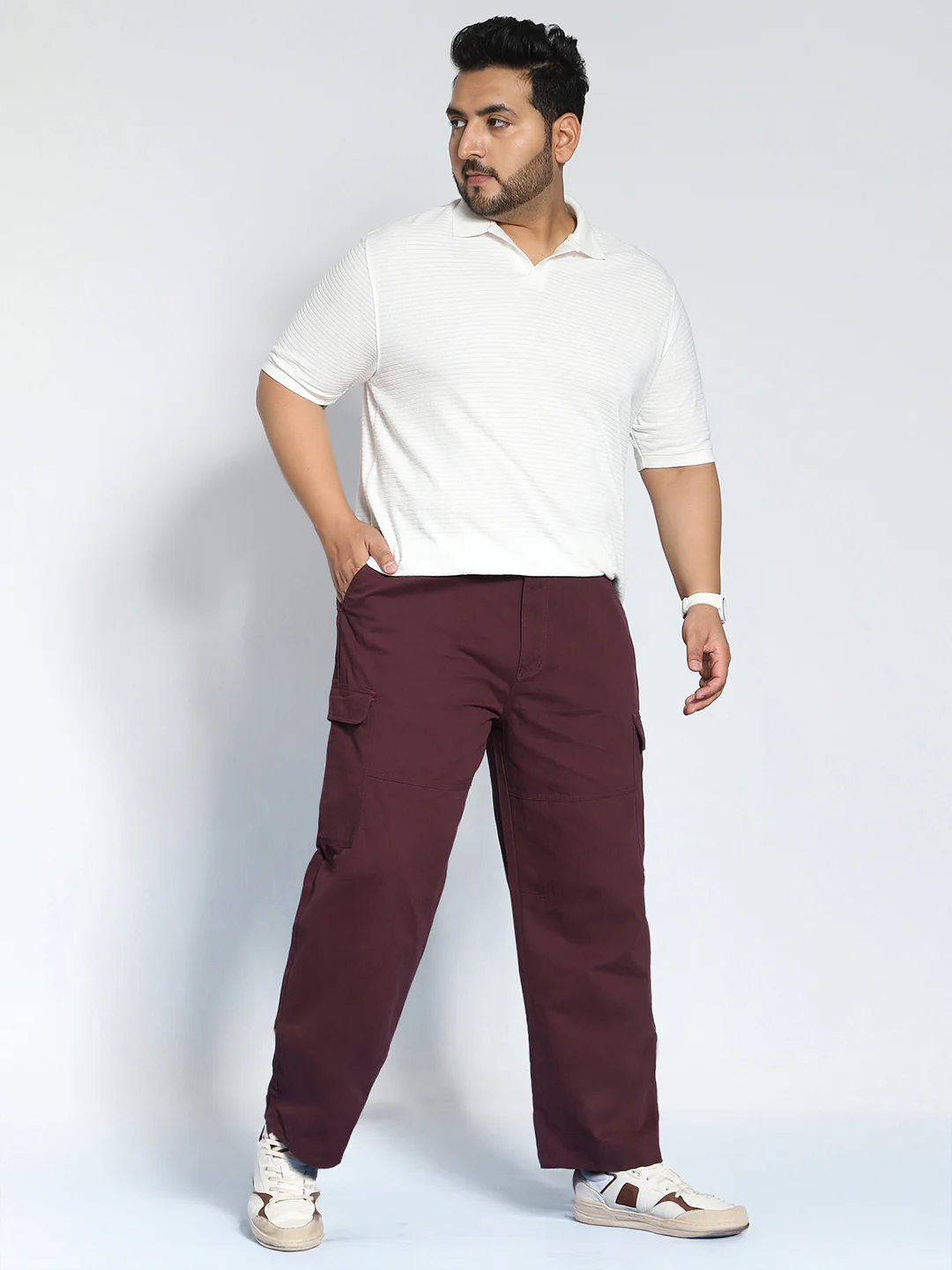 Plus Men's Maroon Loose Baggy Fit Solid Cargo Chino Pant with 6 Pockets Non-Stretchable - Image 5