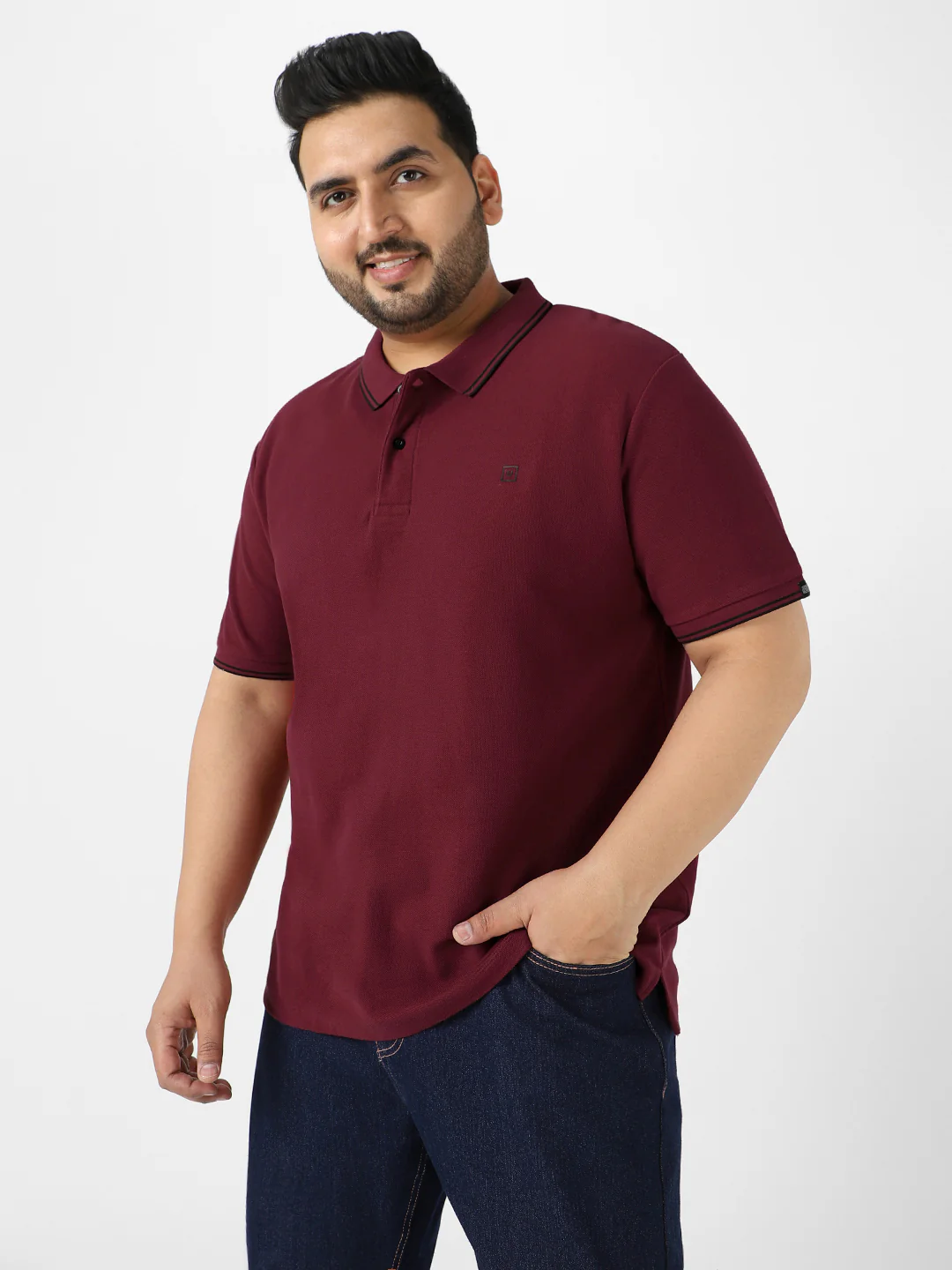 Plus Men's Maroon Solid Cotton Polo T-Shirt - Image 2