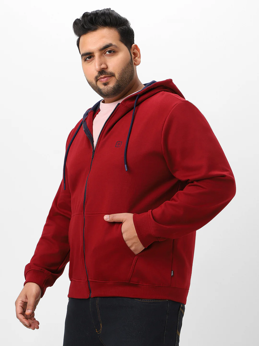 Plus Men's Maroon Solid Cotton Zippered Hooded Casual Winterwear Sweatshirt - Image 3