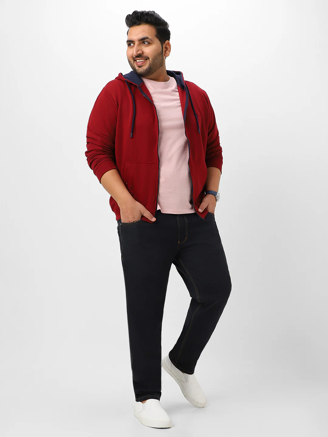 Plus Men's Maroon Solid Cotton Zippered Hooded Casual Winterwear Sweatshirt - Image 5