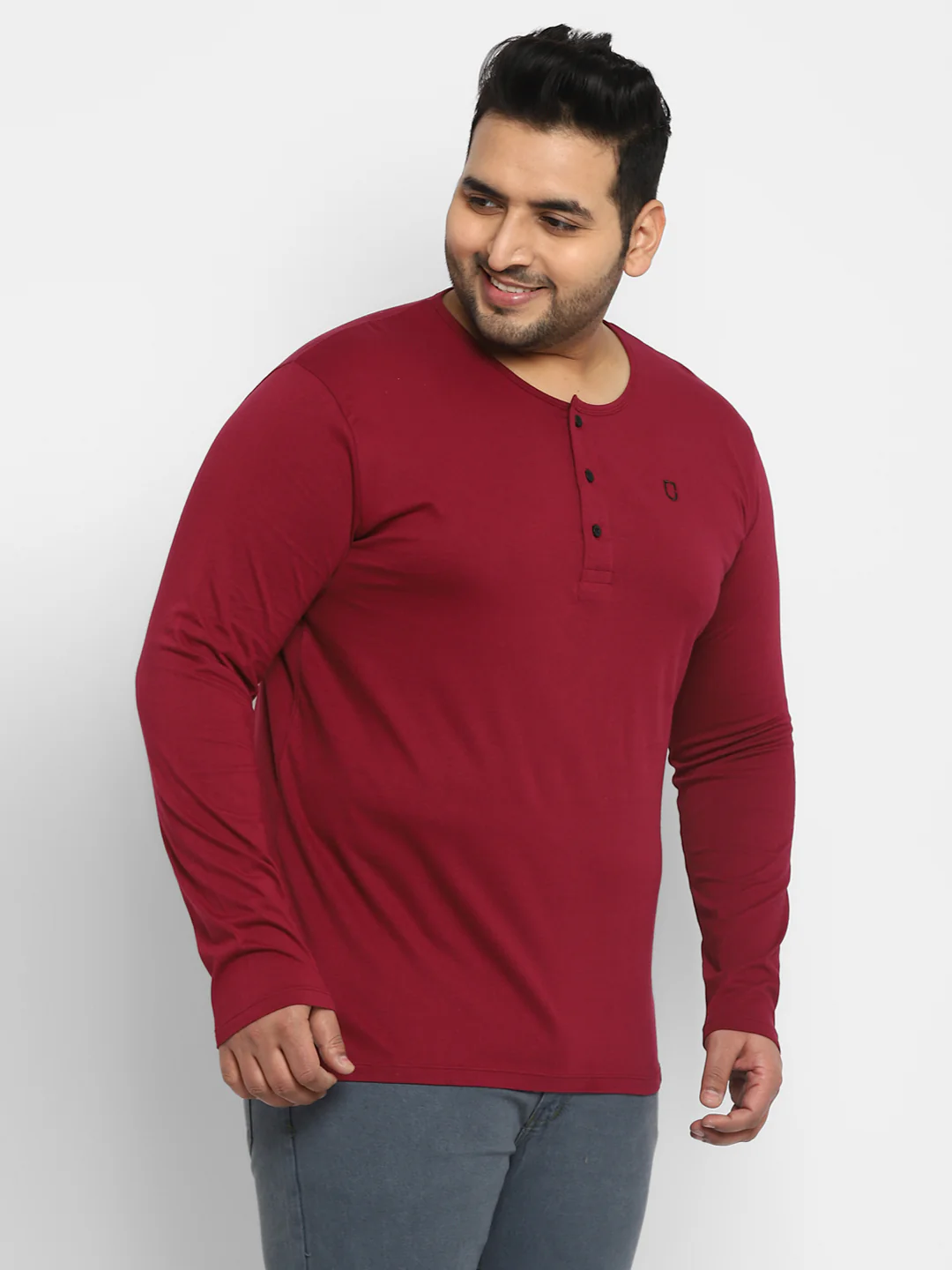 Plus Men's Maroon Solid Henley Neck Regular Fit Full Sleeve Cotton T-Shirt - Image 2