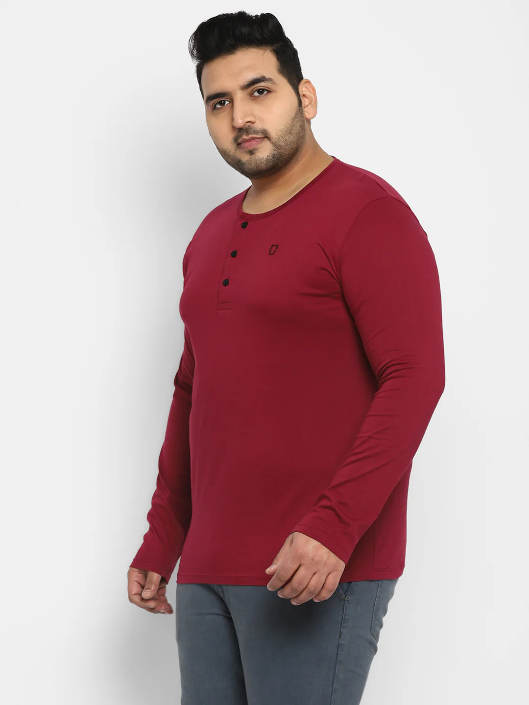 Plus Men's Maroon Solid Henley Neck Regular Fit Full Sleeve Cotton T-Shirt - Image 3