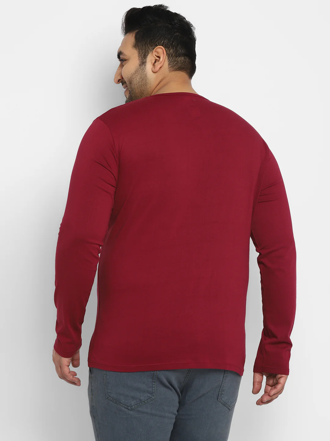 Plus Men's Maroon Solid Henley Neck Regular Fit Full Sleeve Cotton T-Shirt - Image 4