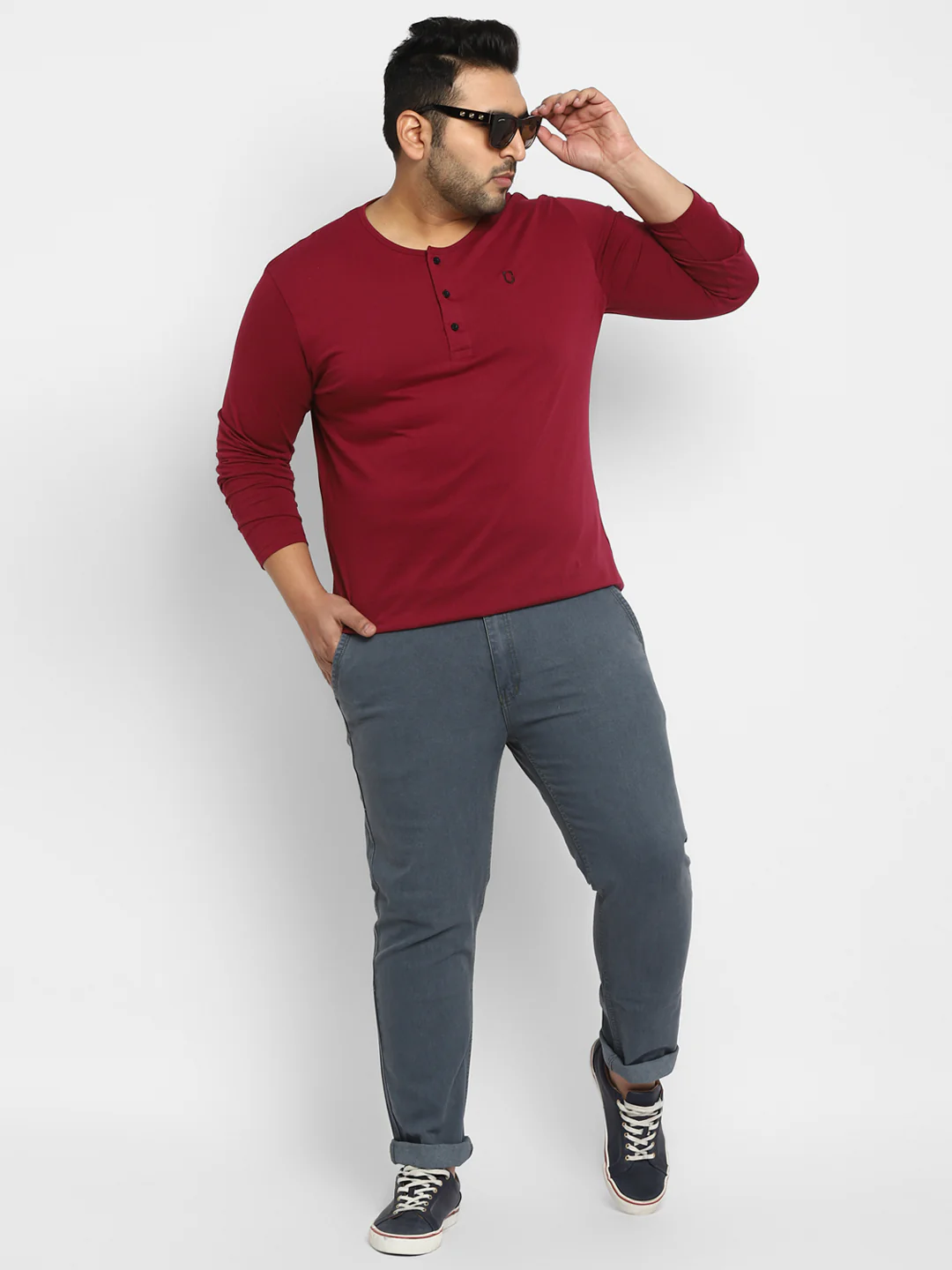 Plus Men's Maroon Solid Henley Neck Regular Fit Full Sleeve Cotton T-Shirt - Image 5