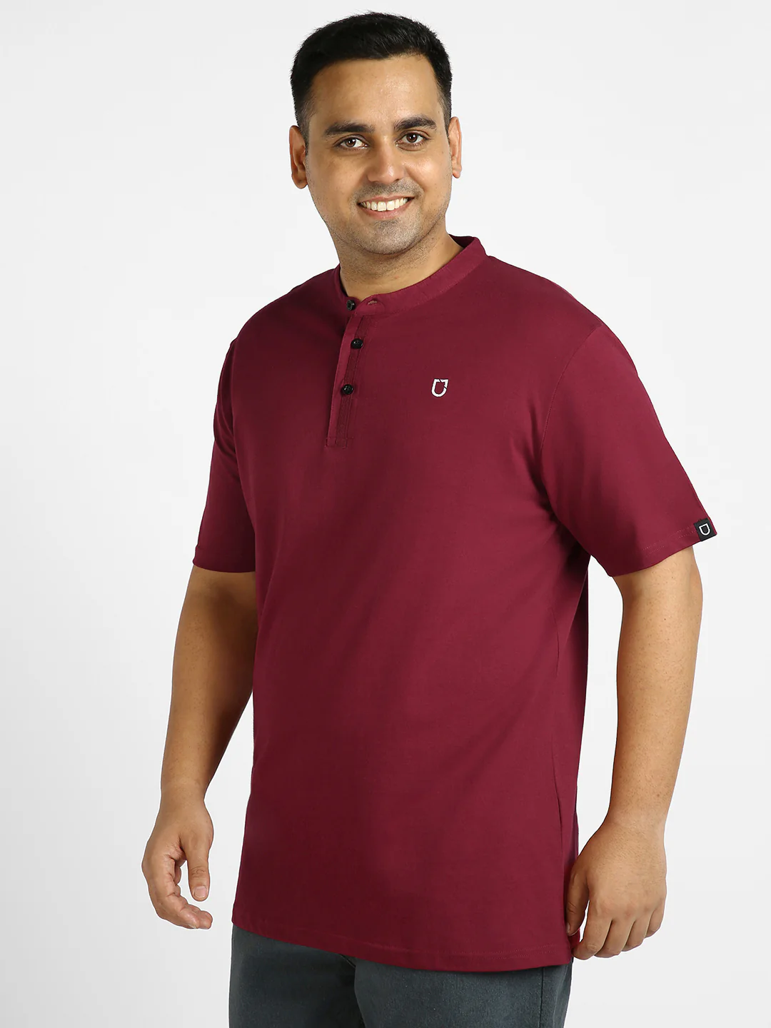Plus Men's Maroon Solid Mandarin Collar Regular Fit Half Sleeve Cotton T-Shirt - Image 3