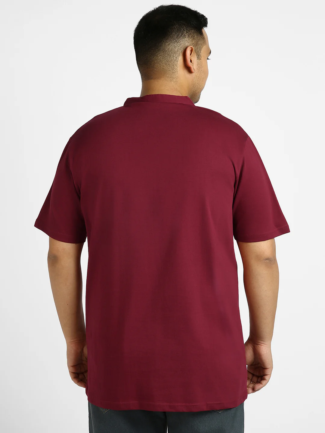 Plus Men's Maroon Solid Mandarin Collar Regular Fit Half Sleeve Cotton T-Shirt - Image 4
