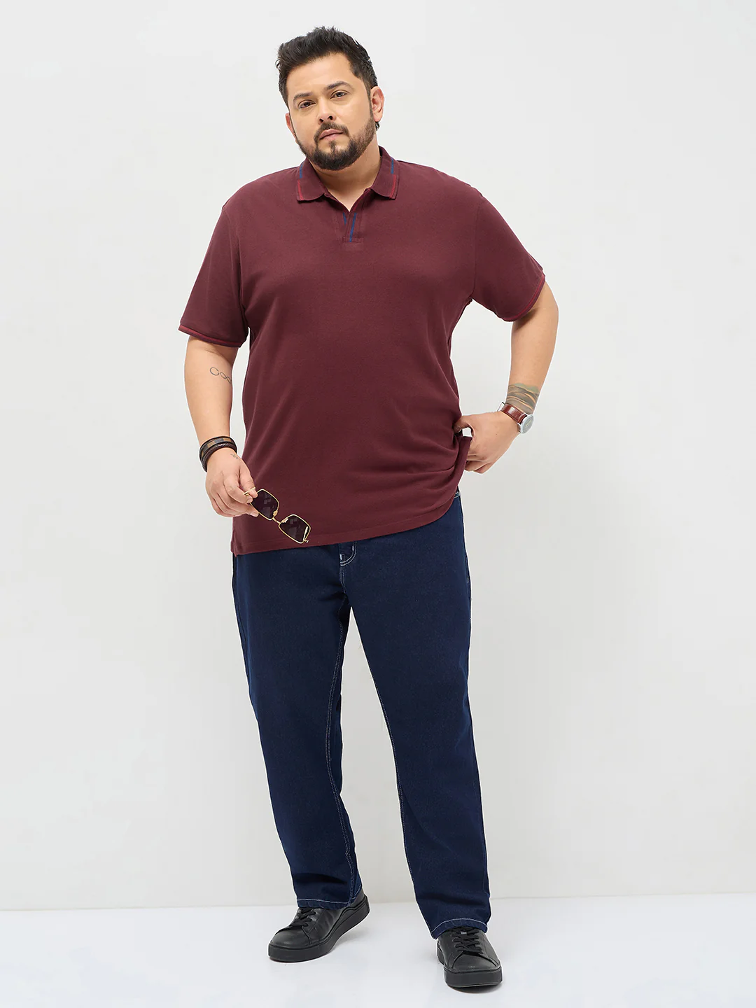 Plus Men's Maroon Solid Regular Fit Half Sleeve Cotton Polo T-Shirt - Image 4