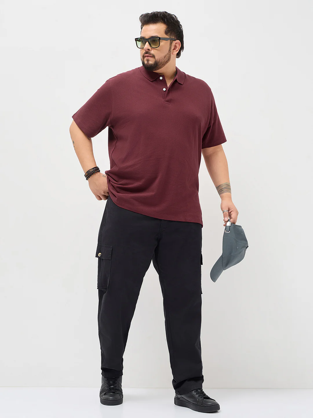 Plus Men's Maroon Solid Regular Fit Half Sleeve Cotton Polo T-Shirt - Image 4