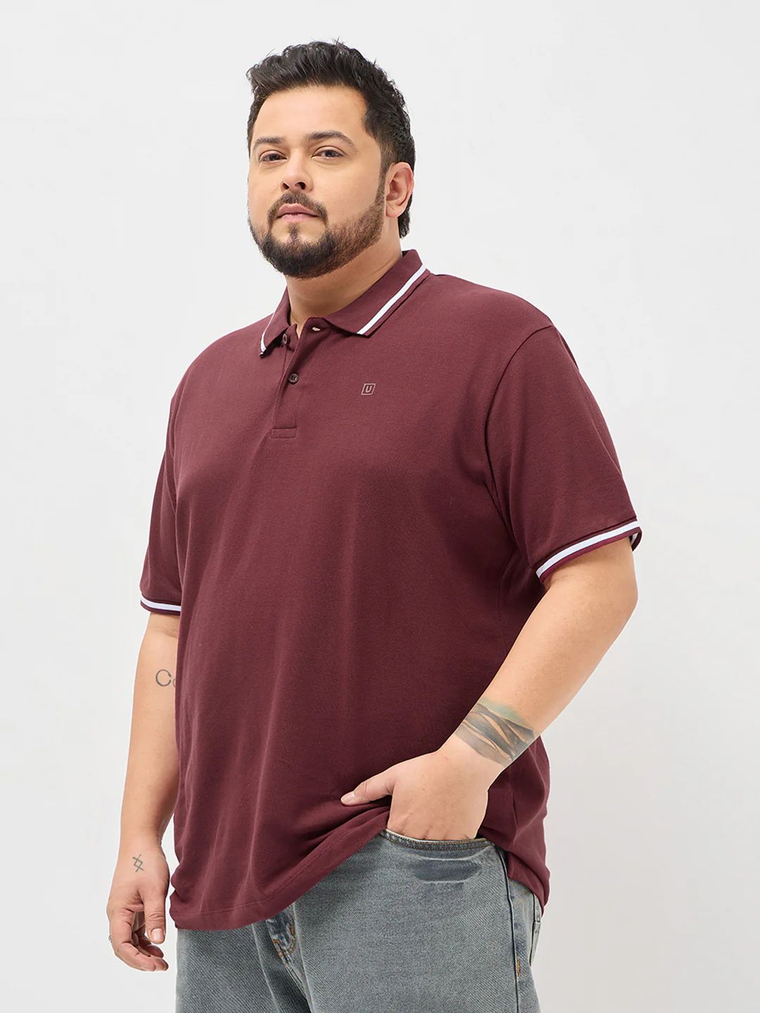 Plus Men's Maroon Solid Regular Fit Half Sleeve Cotton Polo T-Shirt - Image 2