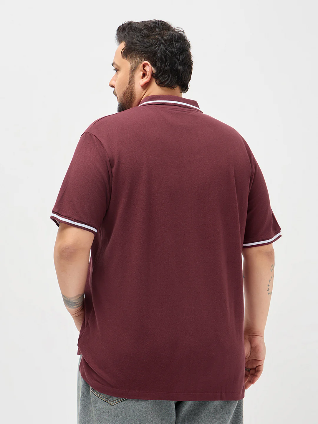 Plus Men's Maroon Solid Regular Fit Half Sleeve Cotton Polo T-Shirt - Image 3