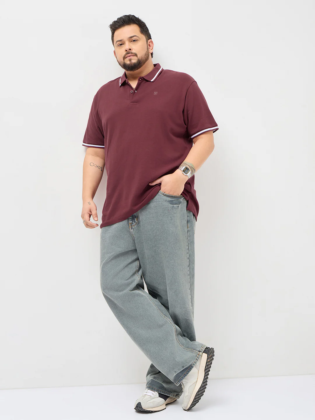 Plus Men's Maroon Solid Regular Fit Half Sleeve Cotton Polo T-Shirt - Image 4