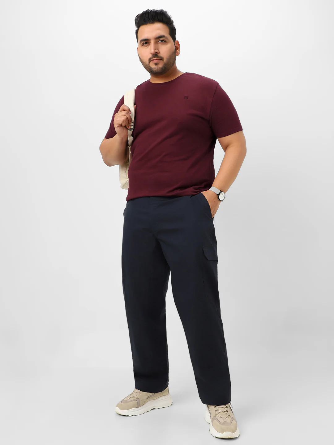 Plus Men's Maroon Solid Regular Fit Round Neck Cotton T-Shirt - Image 5