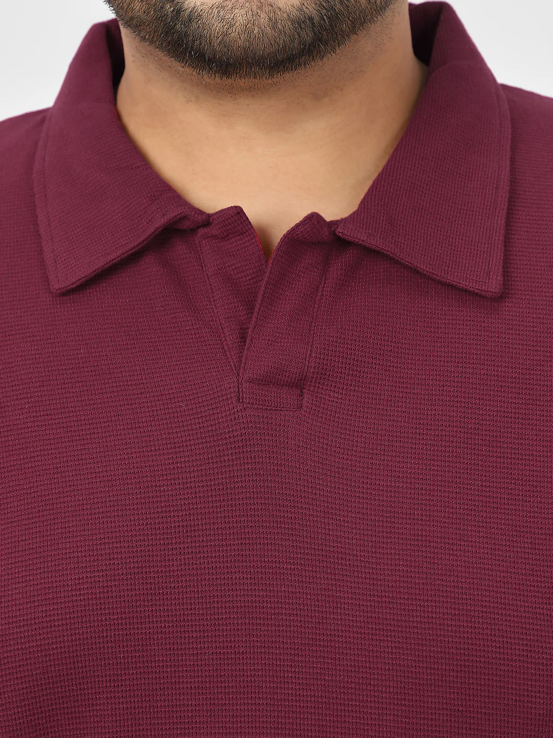 Plus Men's Maroon Textured Regular Fit Half Sleeve Cotton Polo T-Shirt - Image 3