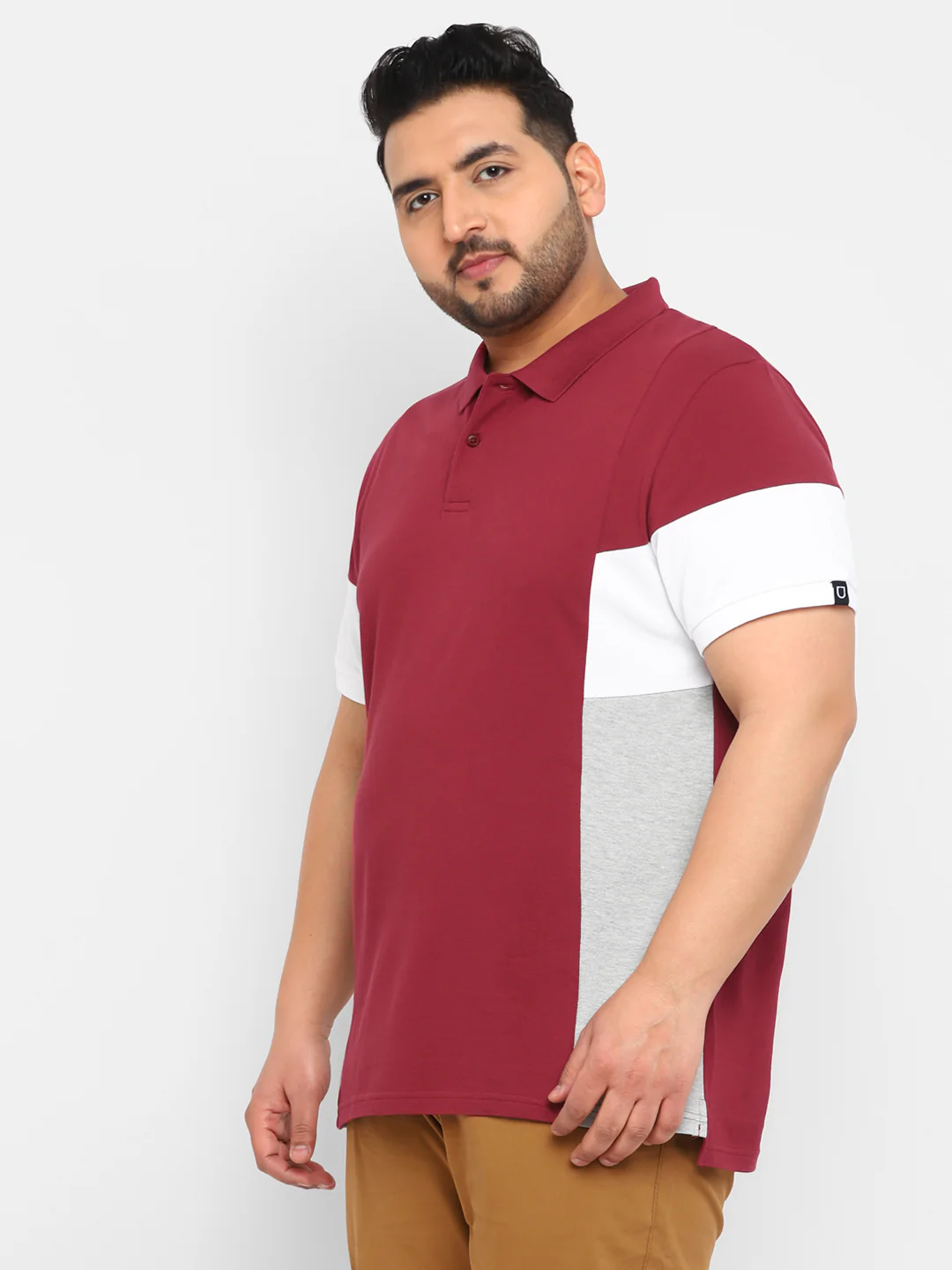 Plus Men's Maroon, White, Grey Melange Colour-Block Regular Fit Half Sleeve Cotton Polo T-Shirt - Image 2