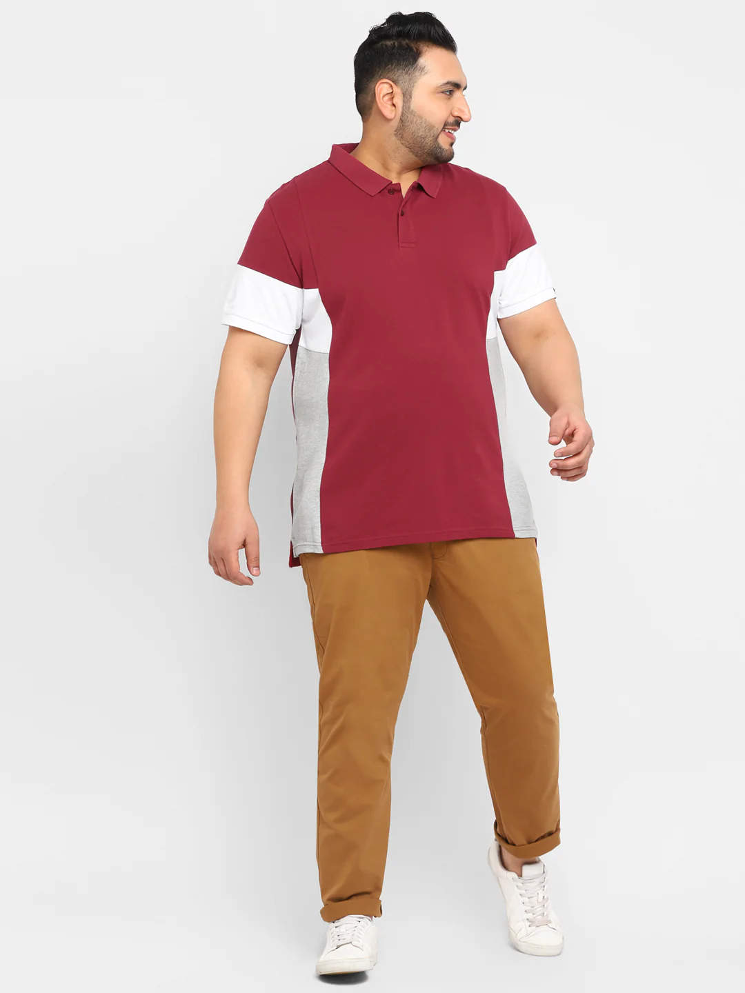 Plus Men's Maroon, White, Grey Melange Colour-Block Regular Fit Half Sleeve Cotton Polo T-Shirt - Image 4