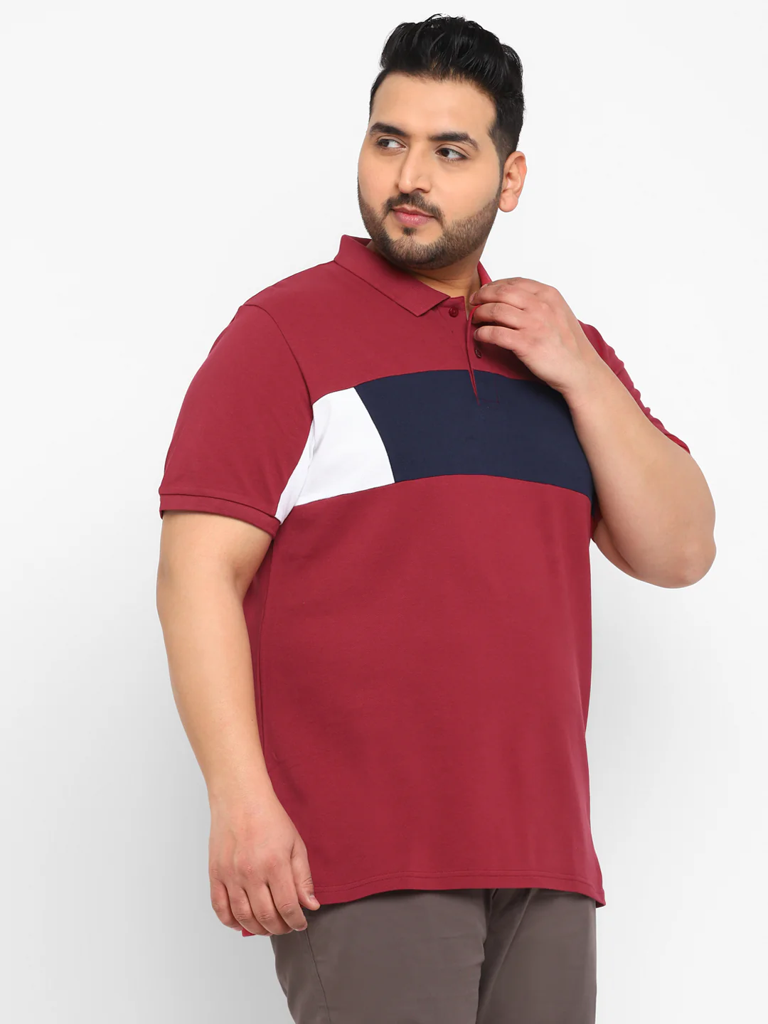 Plus Men's Maroon, Yellow, White Colour-Block Regular Fit Half Sleeve Cotton Polo T-Shirt - Image 2