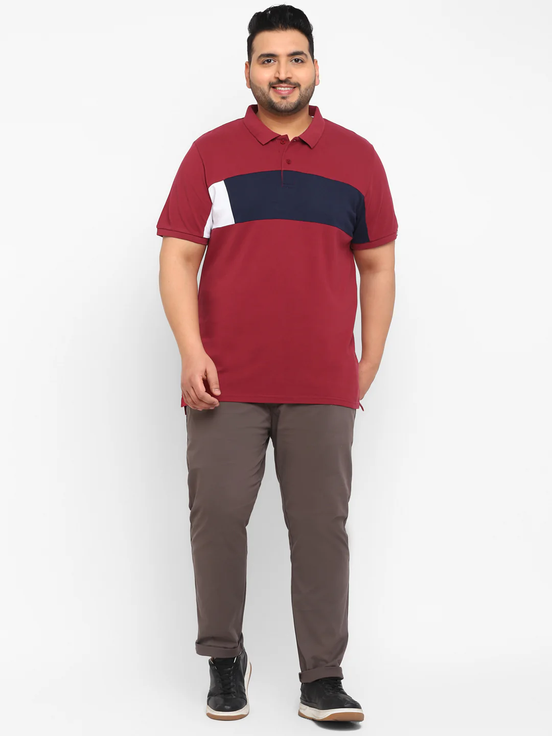 Plus Men's Maroon, Yellow, White Colour-Block Regular Fit Half Sleeve Cotton Polo T-Shirt - Image 4