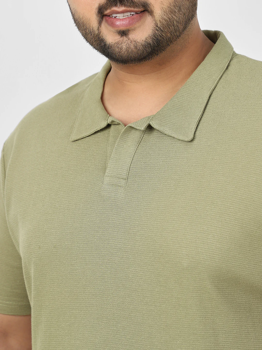 Plus Men's Matcha Green Textured Regular Fit Half Sleeve Cotton Polo T-Shirt - Image 3