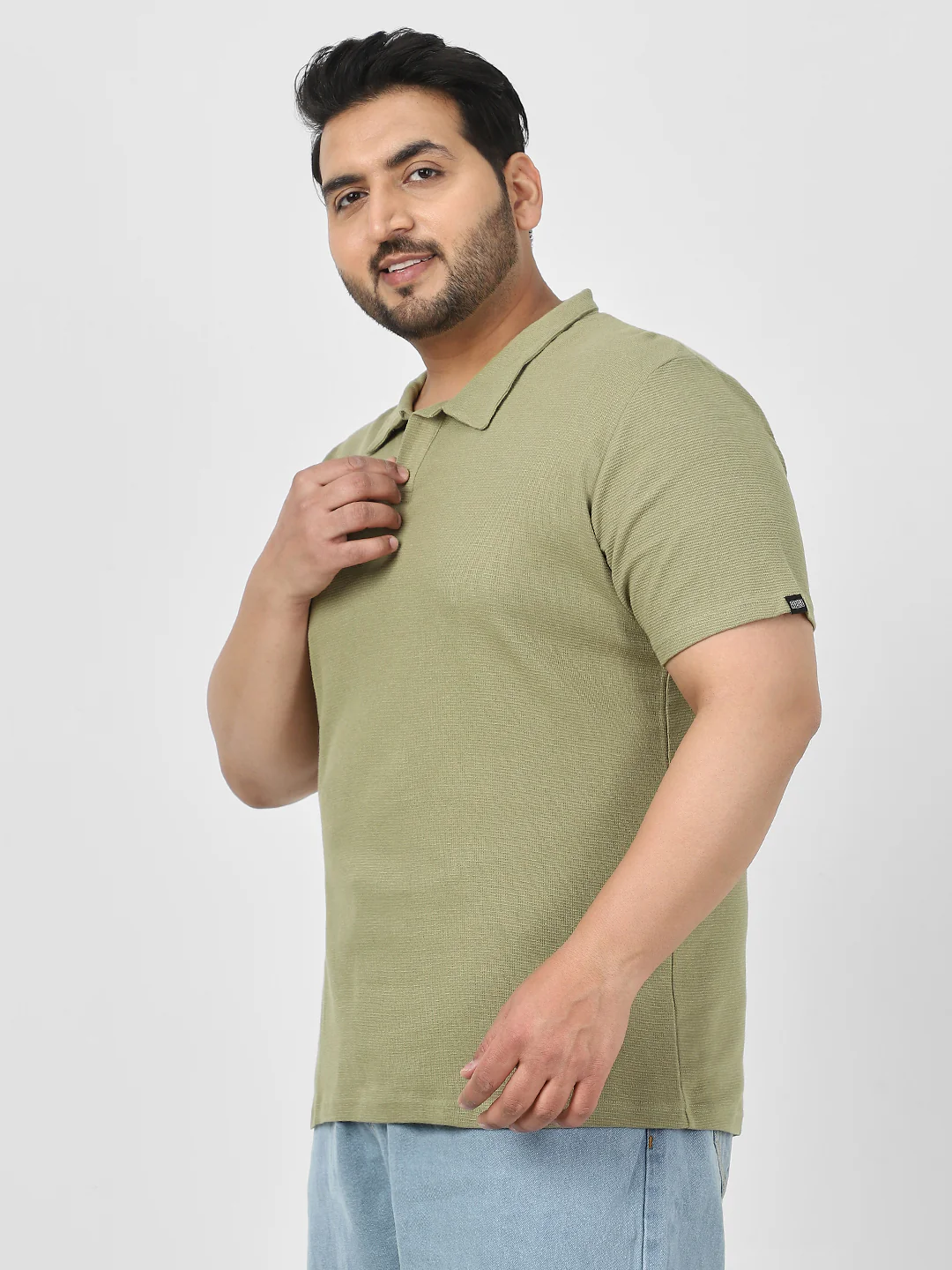 Plus Men's Matcha Green Textured Regular Fit Half Sleeve Cotton Polo T-Shirt - Image 4