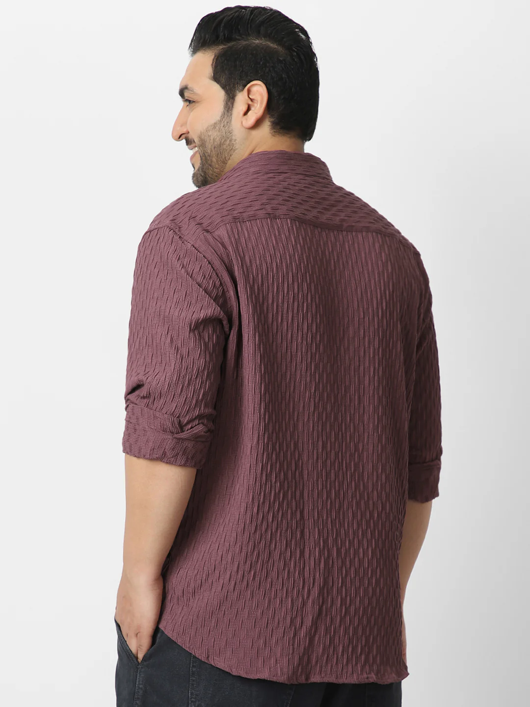Plus Men's Mauve Cotton Full Sleeve Regular Fit Textured Shirt with Spread Collar - Image 3