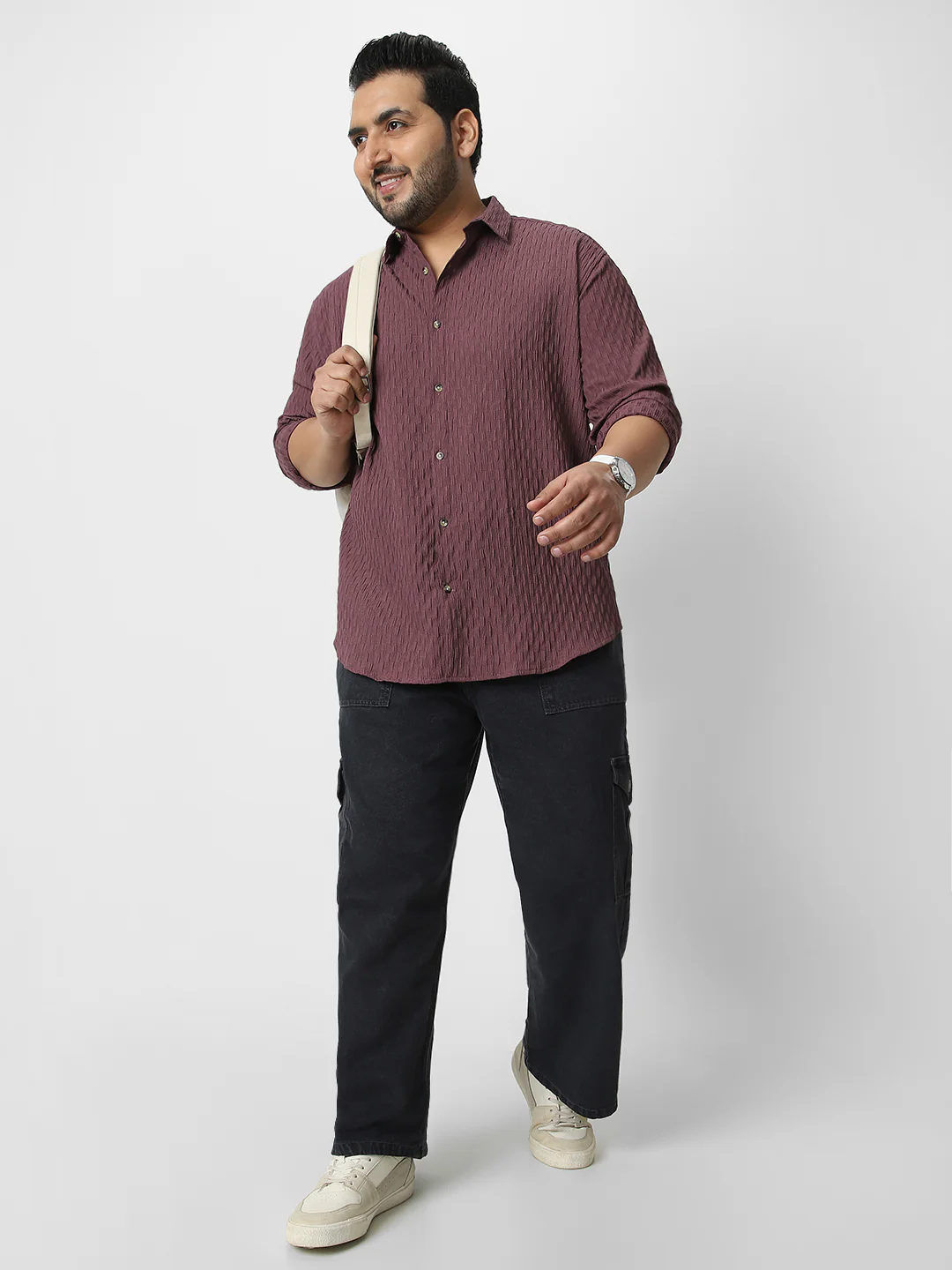 Plus Men's Mauve Cotton Full Sleeve Regular Fit Textured Shirt with Spread Collar - Image 4