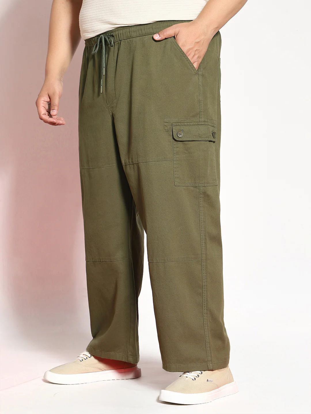 Plus Men's Medium Olive Loose Baggy Fit Cargo Jogger Chino Pant with 6 Pockets Stretchable - Image 2