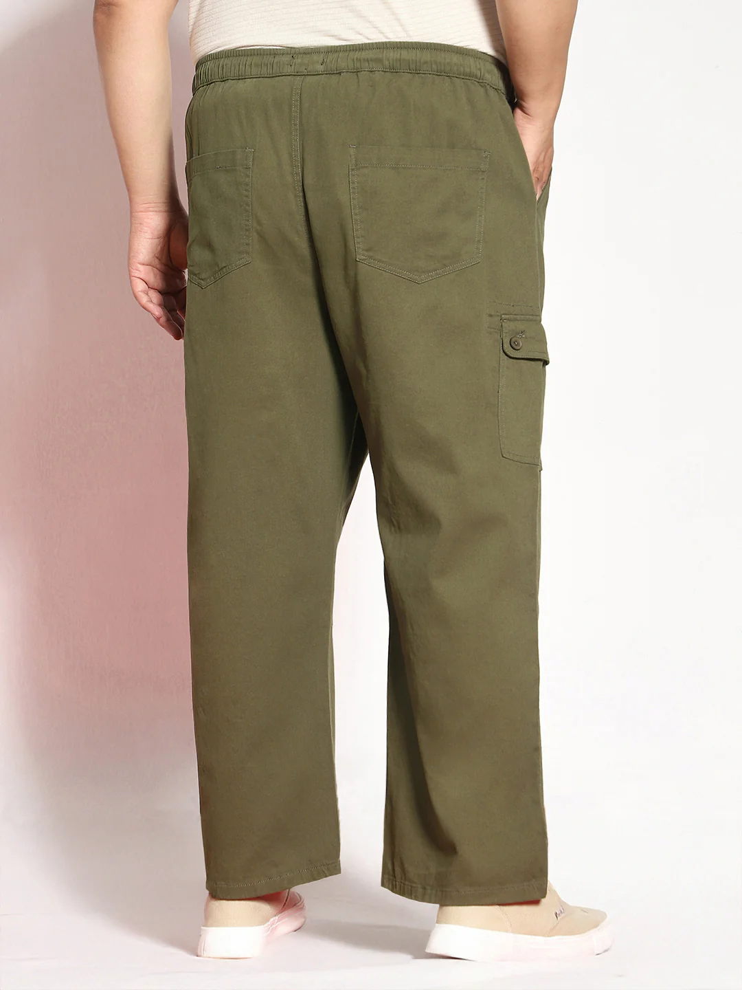 Plus Men's Medium Olive Loose Baggy Fit Cargo Jogger Chino Pant with 6 Pockets Stretchable - Image 3