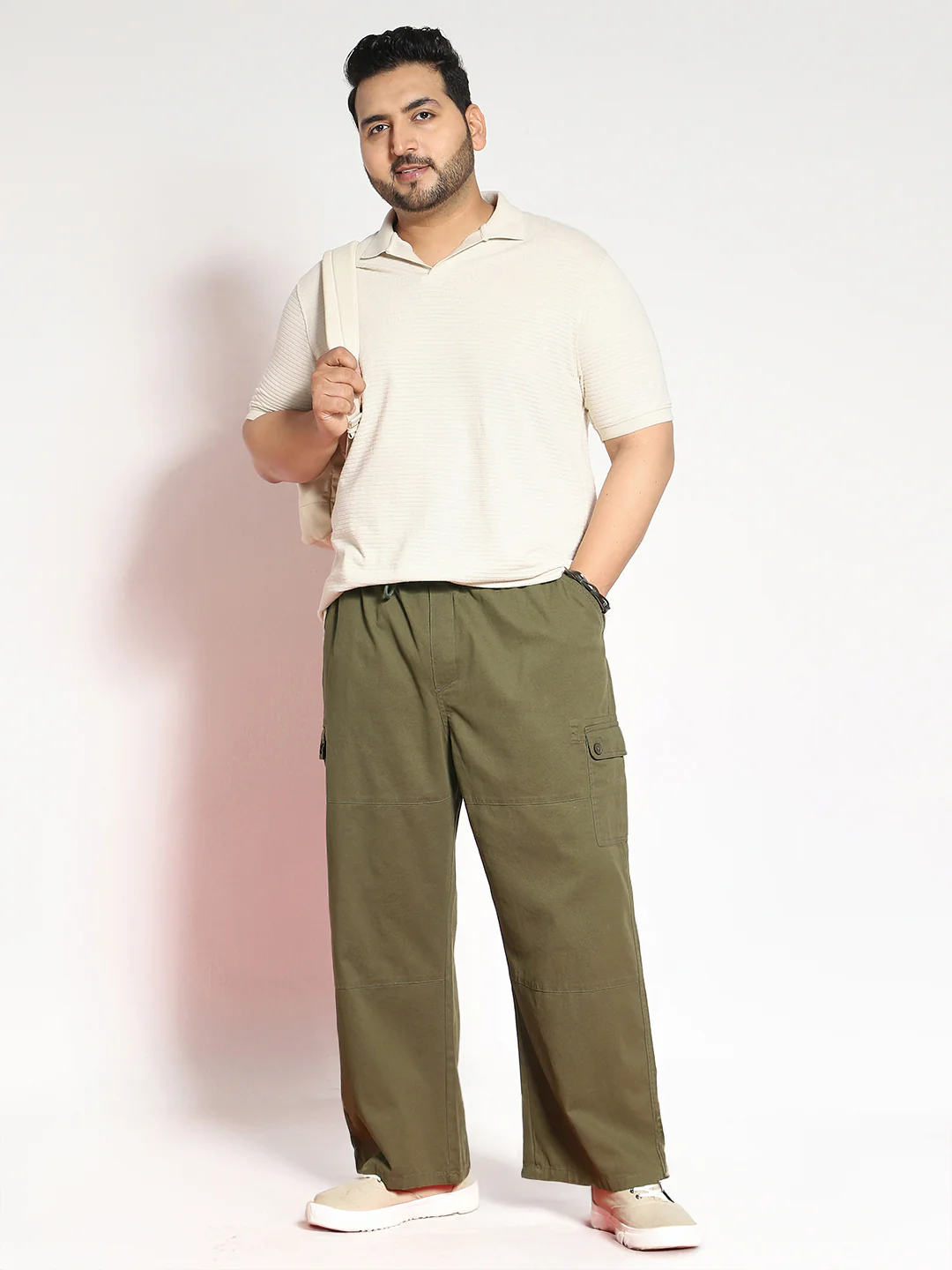 Plus Men's Medium Olive Loose Baggy Fit Cargo Jogger Chino Pant with 6 Pockets Stretchable - Image 4